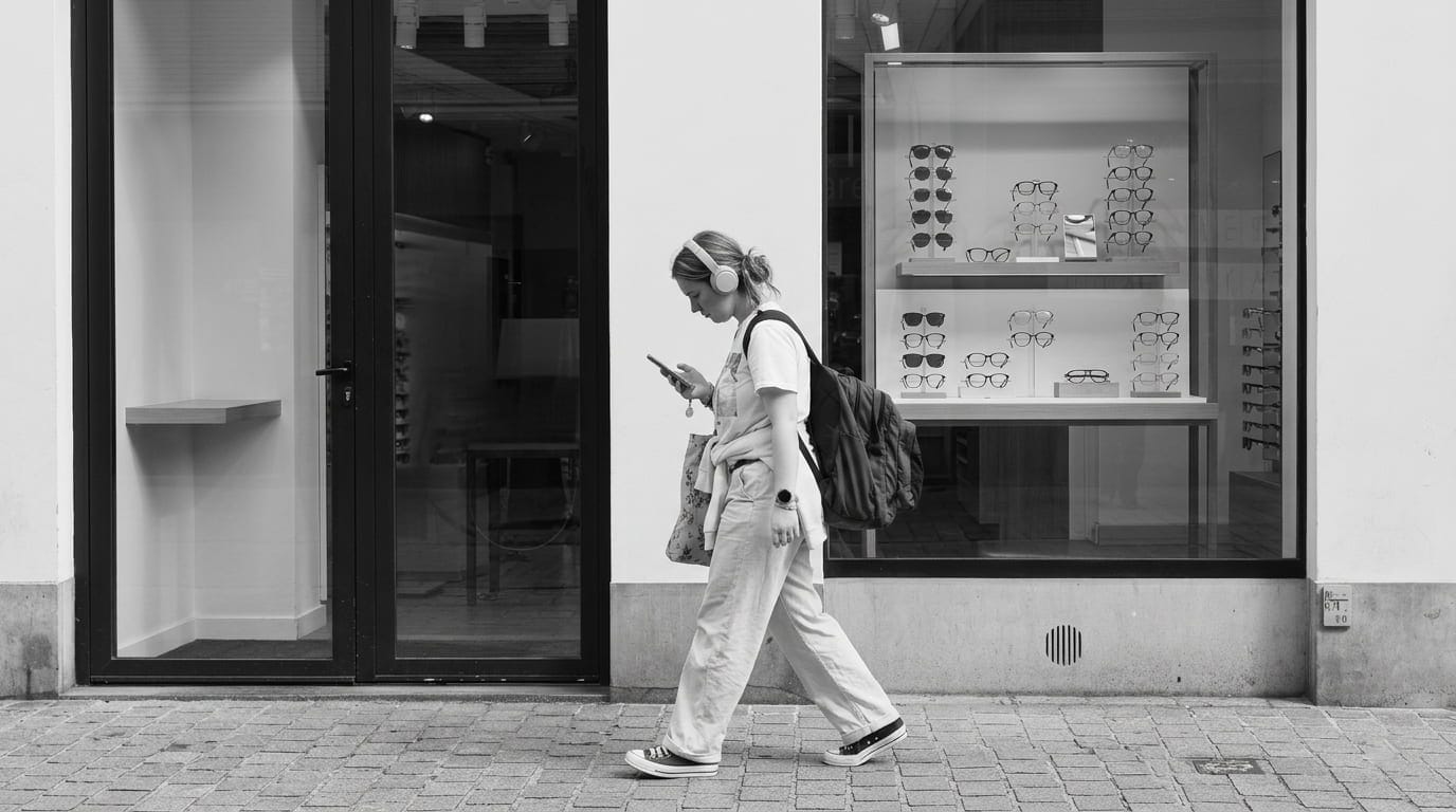 Jonge vrouw met koptelefoon en smartphone loopt in zwart-wit beeld langs een goed gevulde brillenetalage zonder op te kijken van haar scherm.